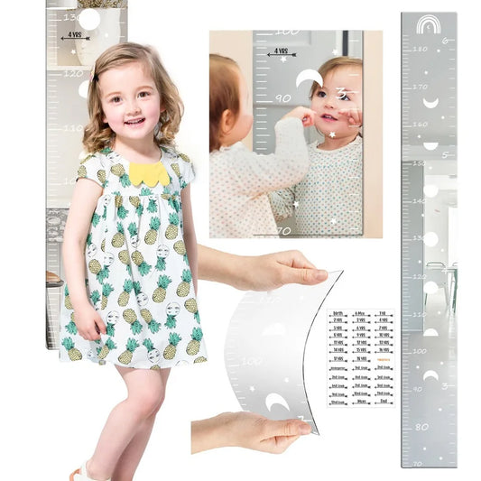 Acrylic Puzzle Mirror Growth Chart Shatterproof Foldable Kids Height Mirror Ruler with Cartoon Sticker Measuring Tape